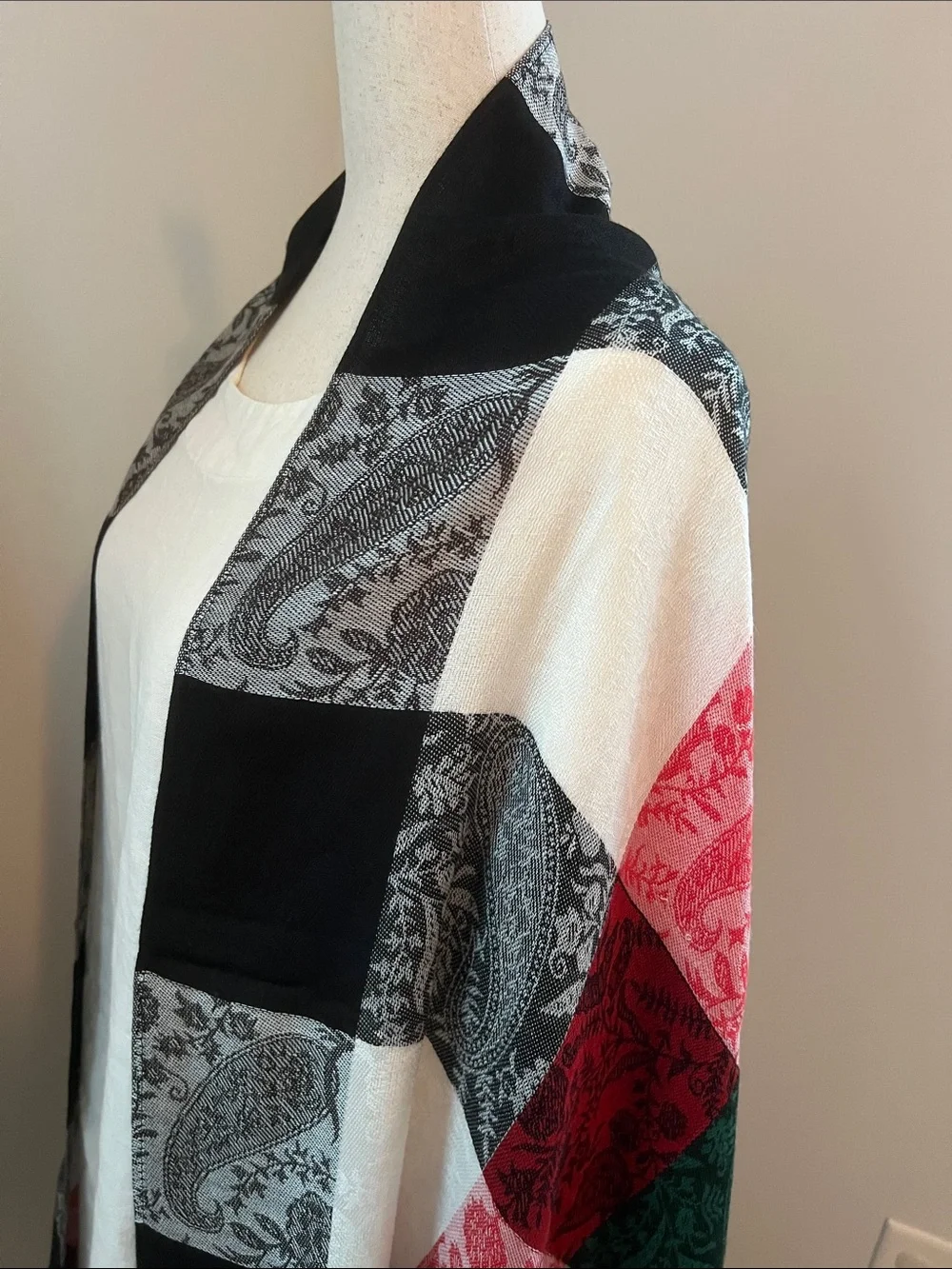 pashmina | Black, White, Red & Green Paisley Patch Scarf Wrap Sz 76” L x 27” W